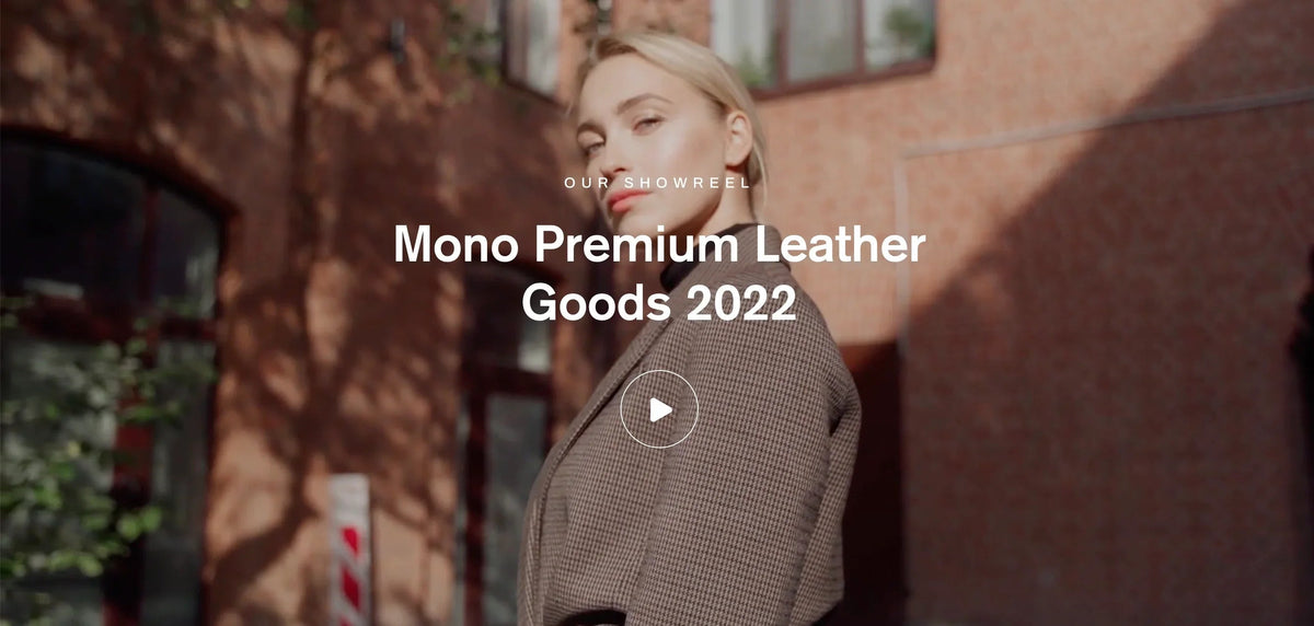 Woman in stylish coat for Mono Premium Leather Goods 2022 collection