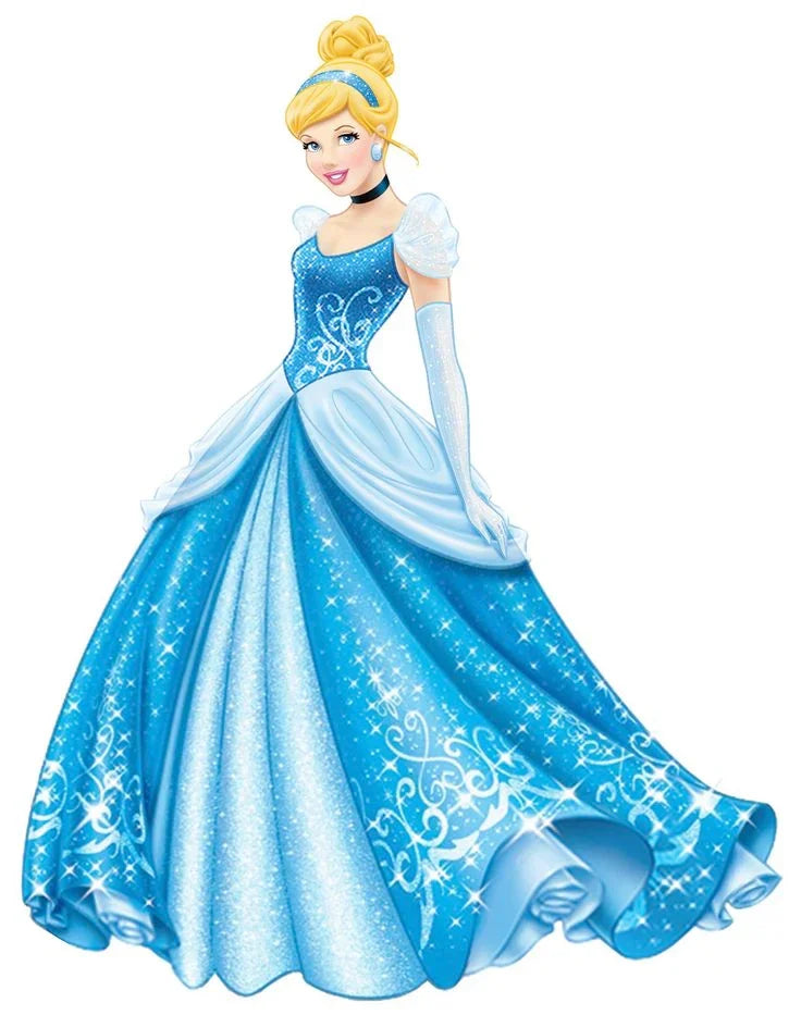 Cinderella in sparkling blue gown with white accents and elegant updo hairstyle